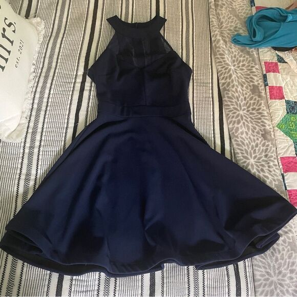 B Darlin Fit & Flare Halter Mini Dress sz 1/2 Navy Blue Mesh Cutout Party Dress - Picture 12 of 16